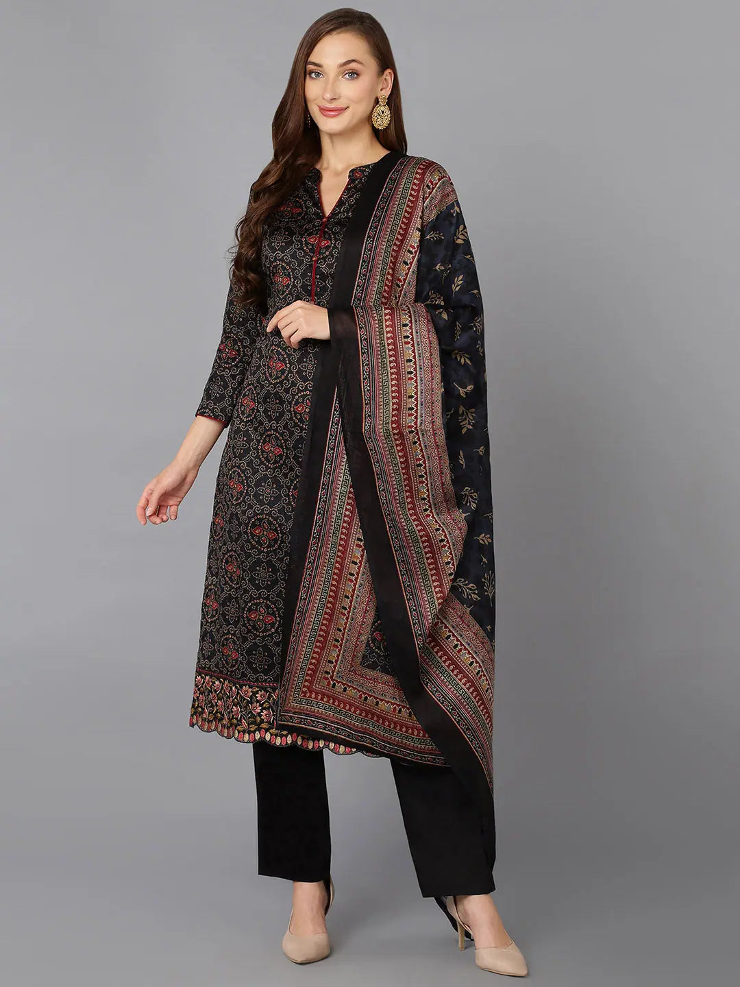 Black Cotton Straight Kurta Pant With Dupatta-VKSKD1795A_XS