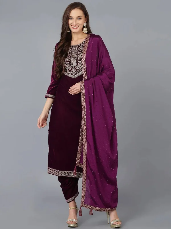 Ahika Women Velvet Embroidered Solid Kurta Trouser-PKSKD1736_XS