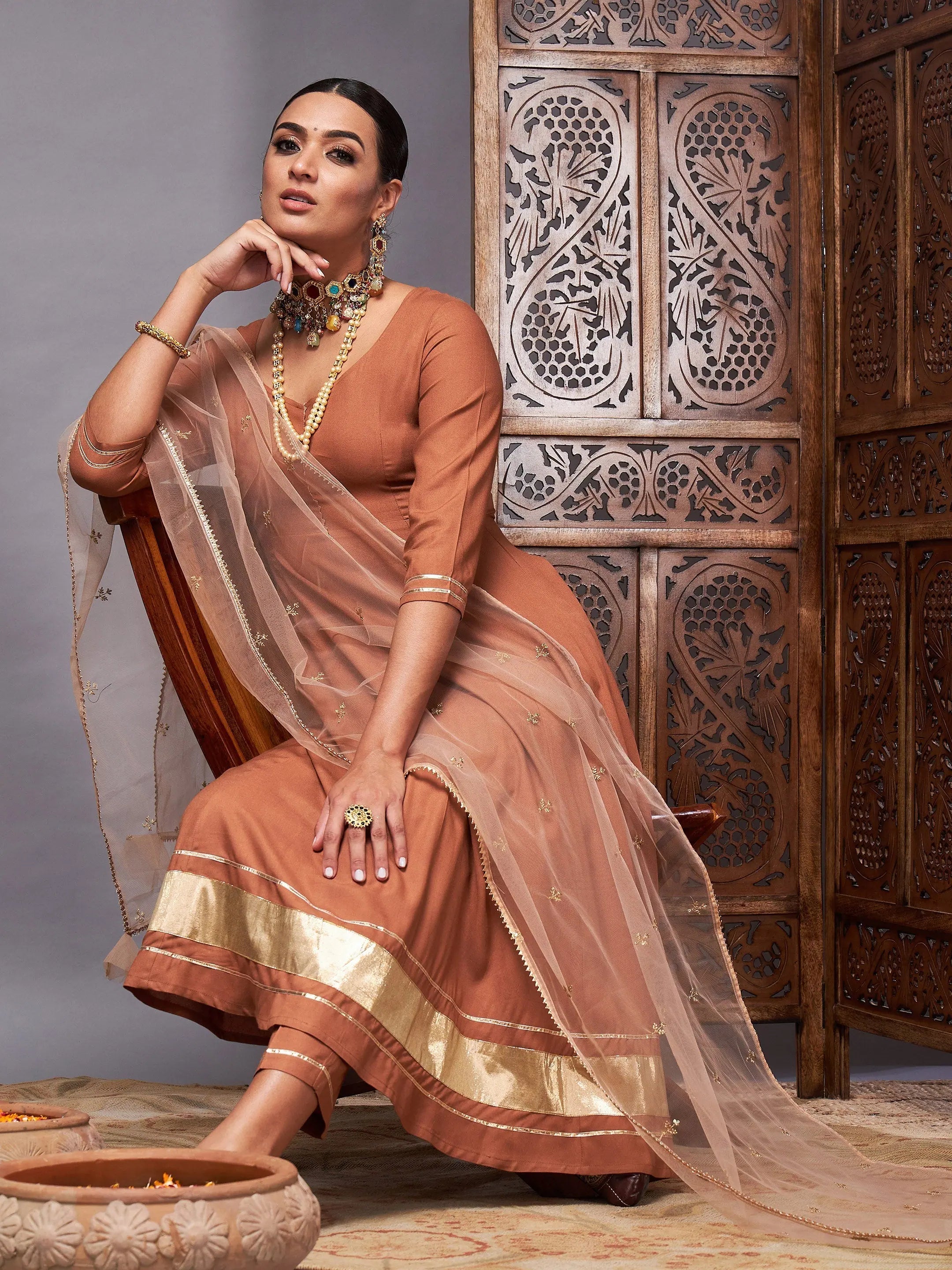 Women Brown Kurta Set With Net Sequins Dupatta