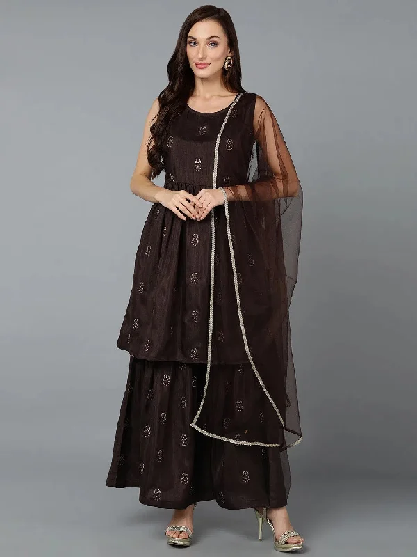 Silk Blend Brown Flared Kurta Sharara With