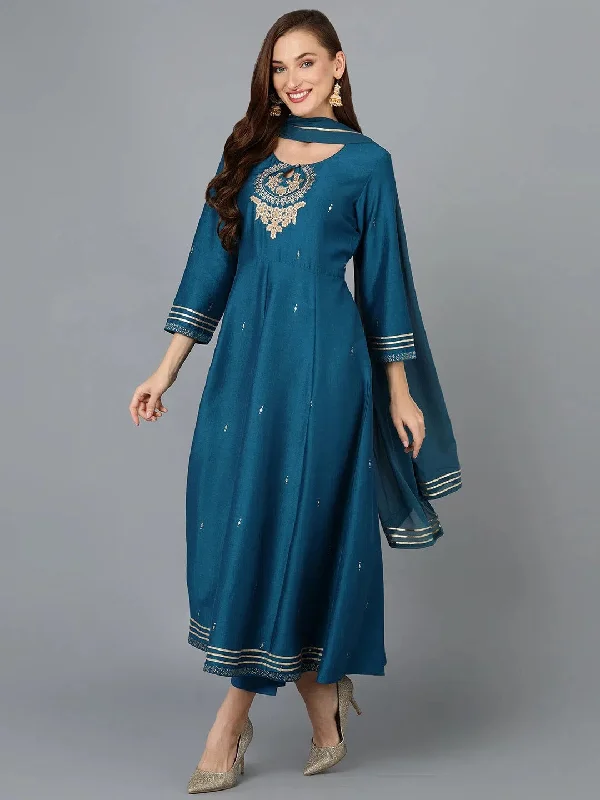 Teal Silk Blend Flared Kurta Pant With