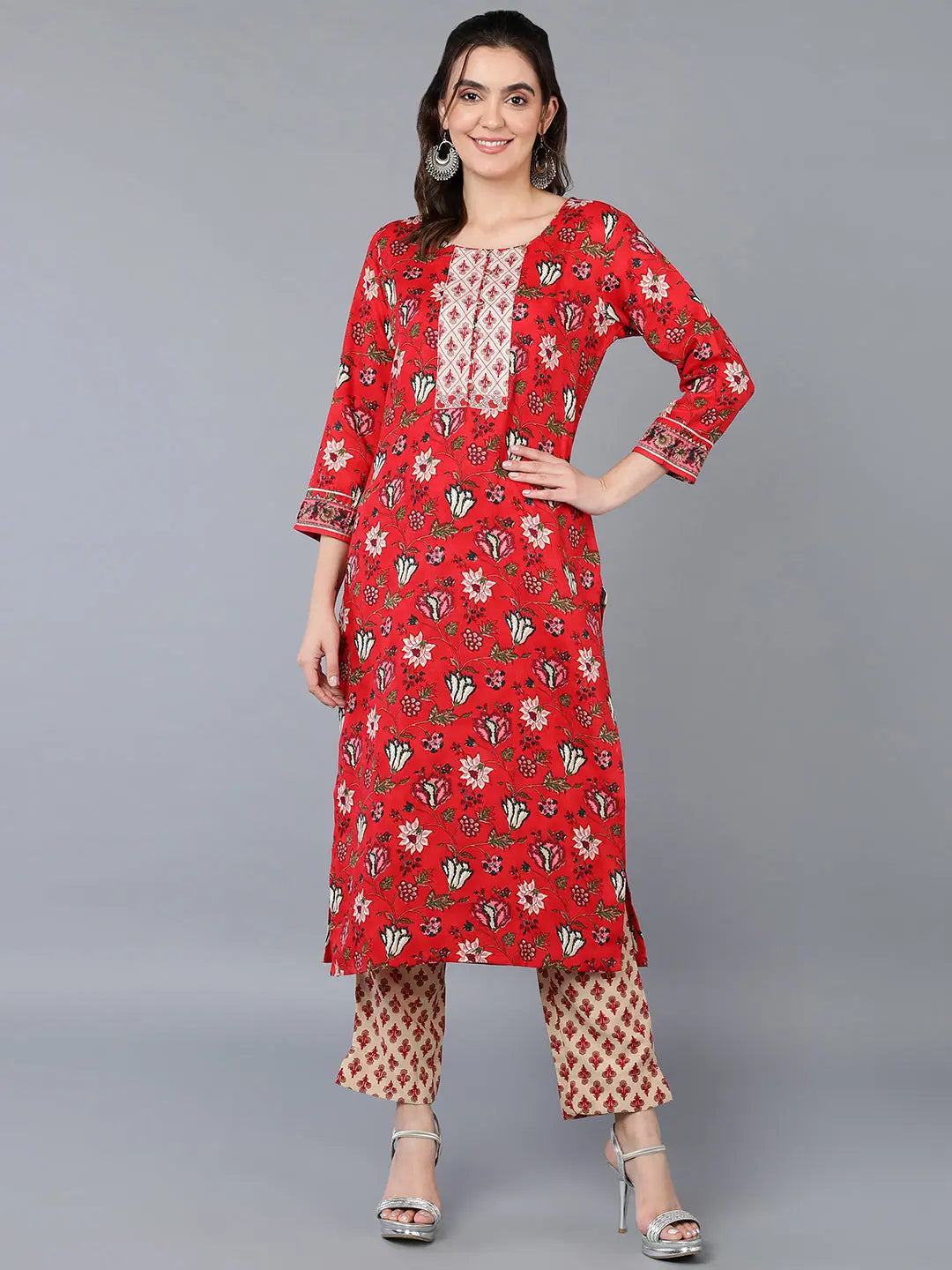 Cotton Blend Red Floral Printed Straight Kurta