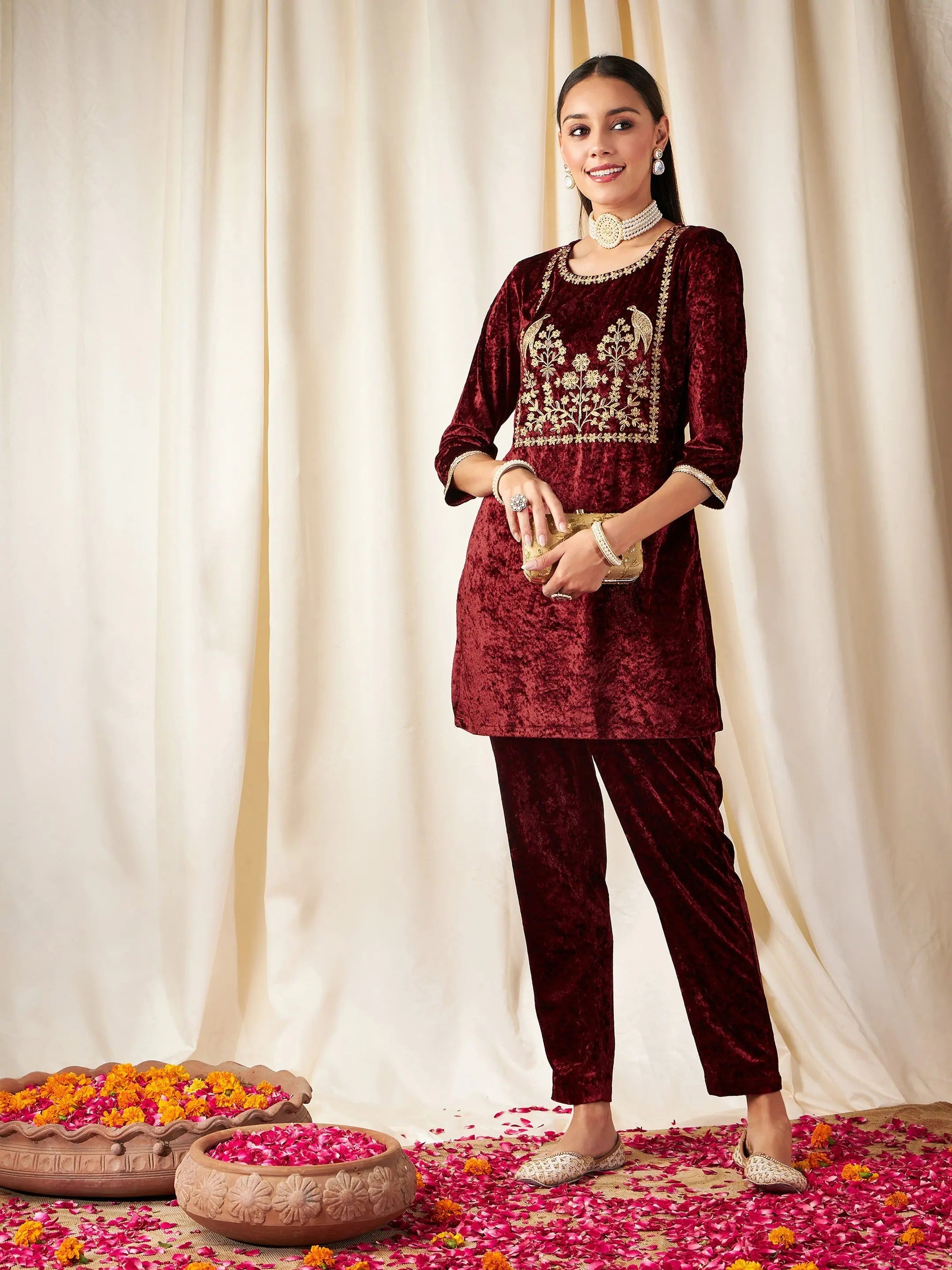 Women Maroon Velvet Embroidered Yoke Short Kurta With Pants