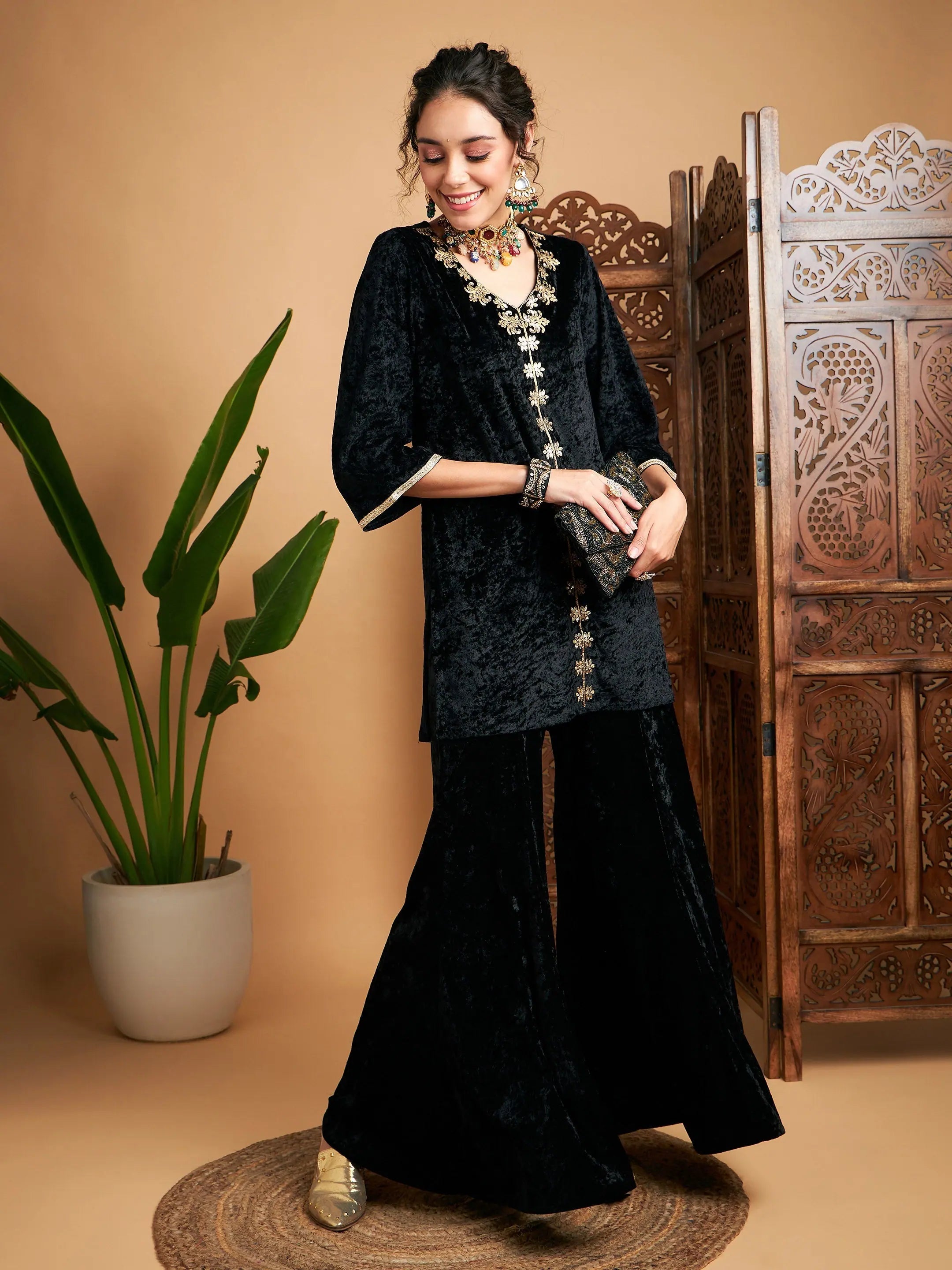 Women Black Velvet Embroidered Short Kurta With Palazzos-SHSET95640XS