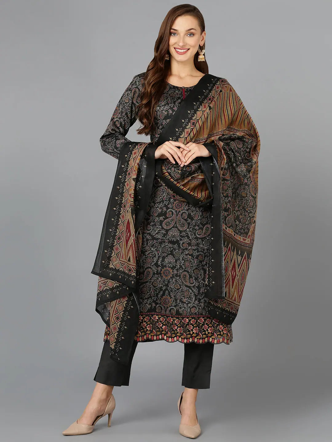 Black Cotton Straight Kurta Pant With Dupatta-VKSKD1800_XS