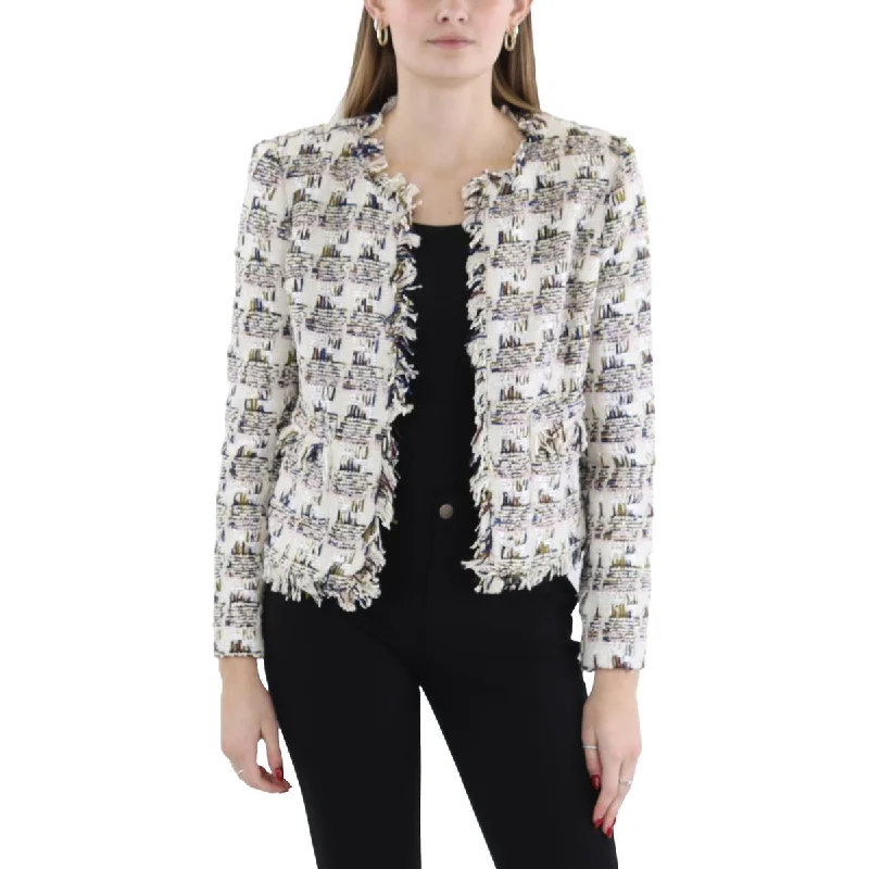 Angelina Womens Tweed Collarless Open-Front Blazer