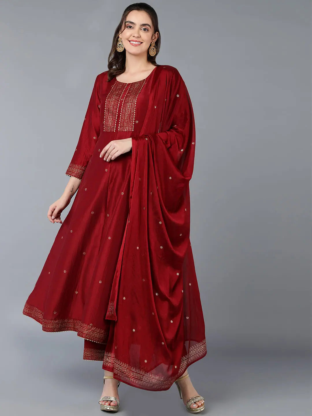 Silk Blend Maroon Rogan Work Flared Kurta