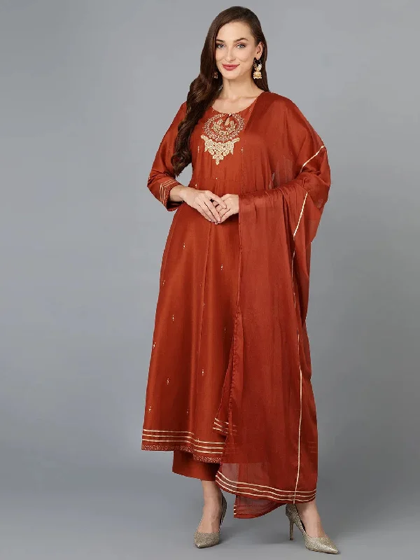 Brown Silk Blend Flared Kurta Pant With