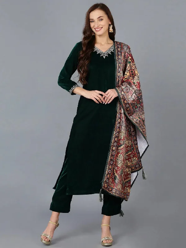 Ahika Women Velvet Embroidered Solid Kurta Trouser-PKSKD1752_XS