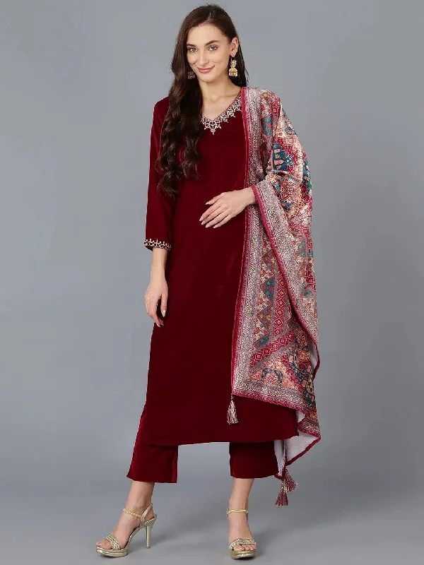 Ahika Women Velvet Embroidered Solid Kurta Trouser-PKSKD1760_XS