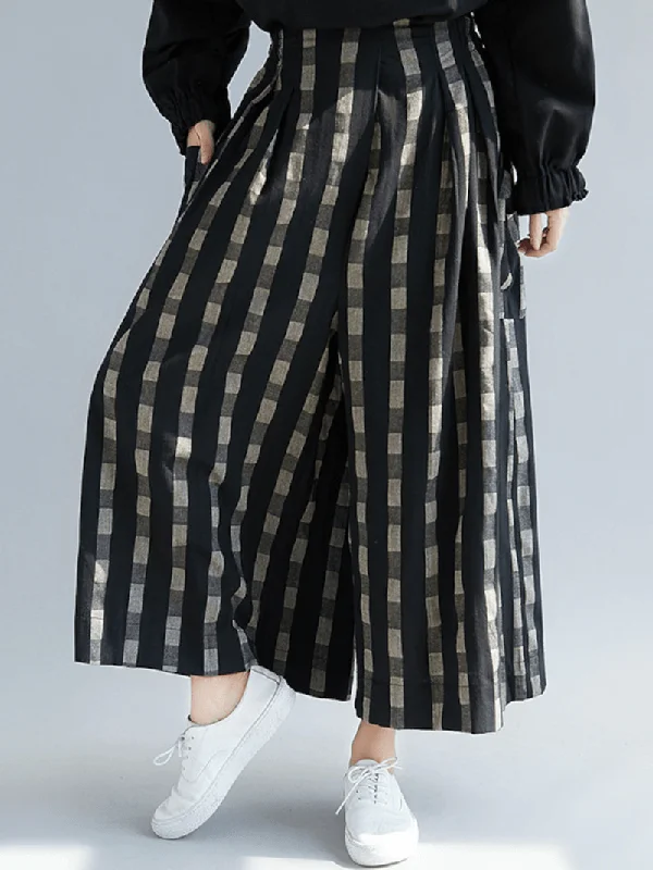 Women Plaid Striped Print plus Size Side Pocket Loose Pants