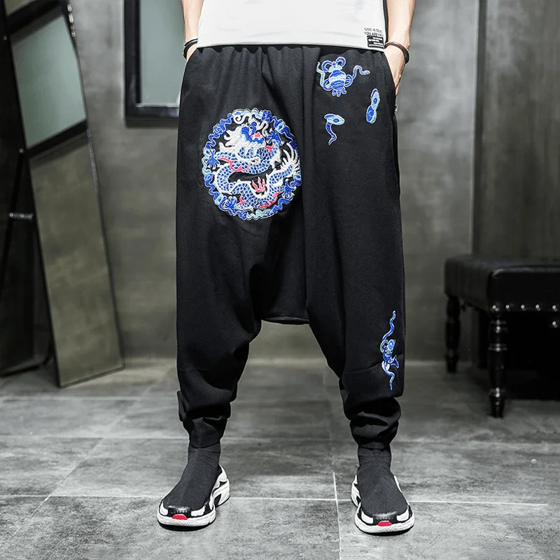 Autumn Country Chaolong Embroidery Casual Pants Loose plus Fat plus Size Straight Tube Low Crotch Span Pants