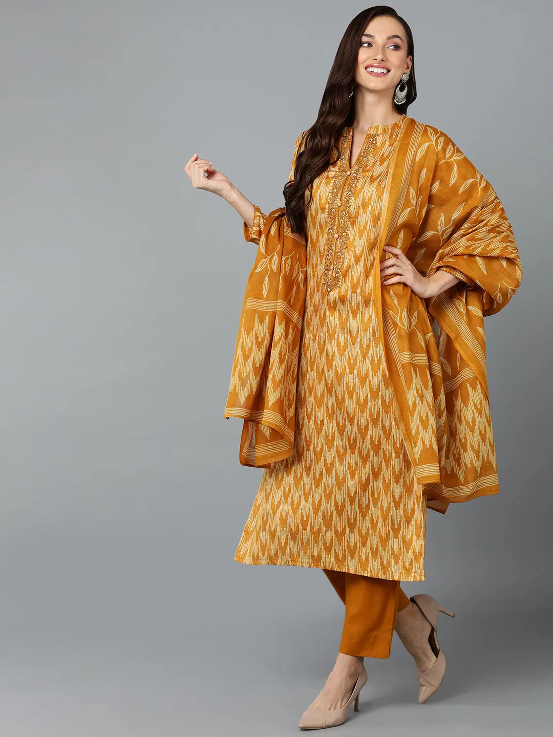 Silk Blend Ochre Yellow Straight Kurta Pant-VKSKD1815_XS