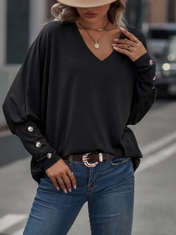 Loose-Fit V-Neck Oversized Batwing Long Sleeve Casual Tops