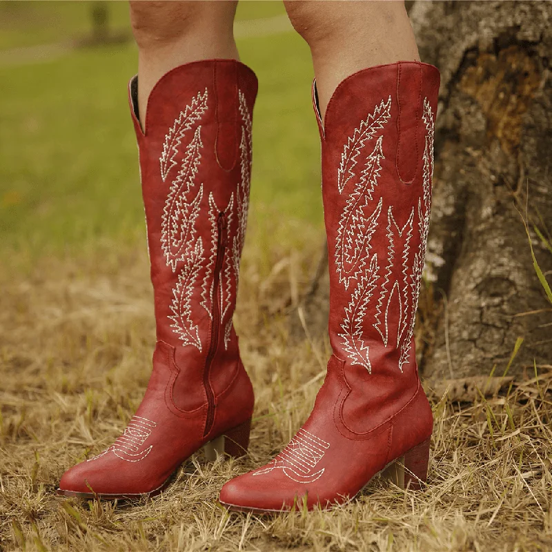 Plus Size Women Retro Red Pointed Toe Embroidered Chunky Heel Zipper Cowboy Boots