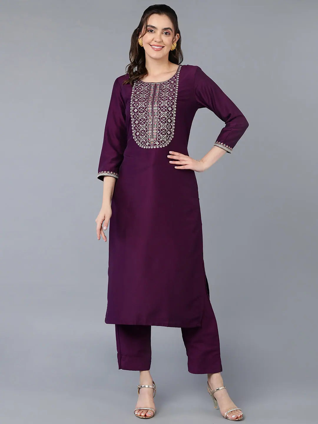 Silk Blend Purple Embroidered Straight Kurta With