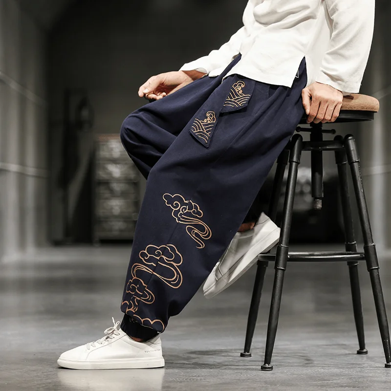 New Chinese Style Men'S Trousers Printed Loose Wide-Leg Trousers plus Size