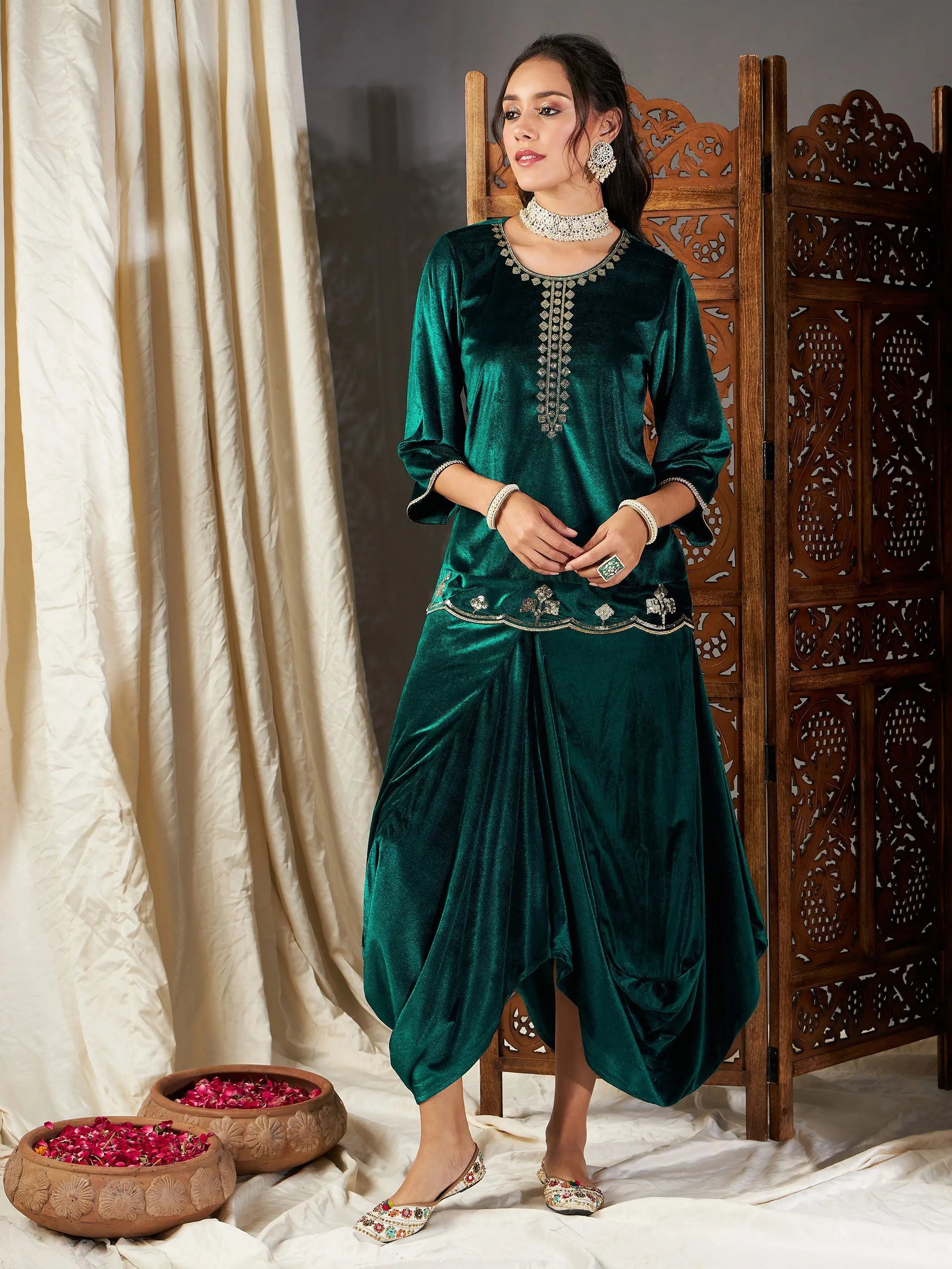 Women Green Velvet Embroidered Short Kurta With Dhoti Skirt