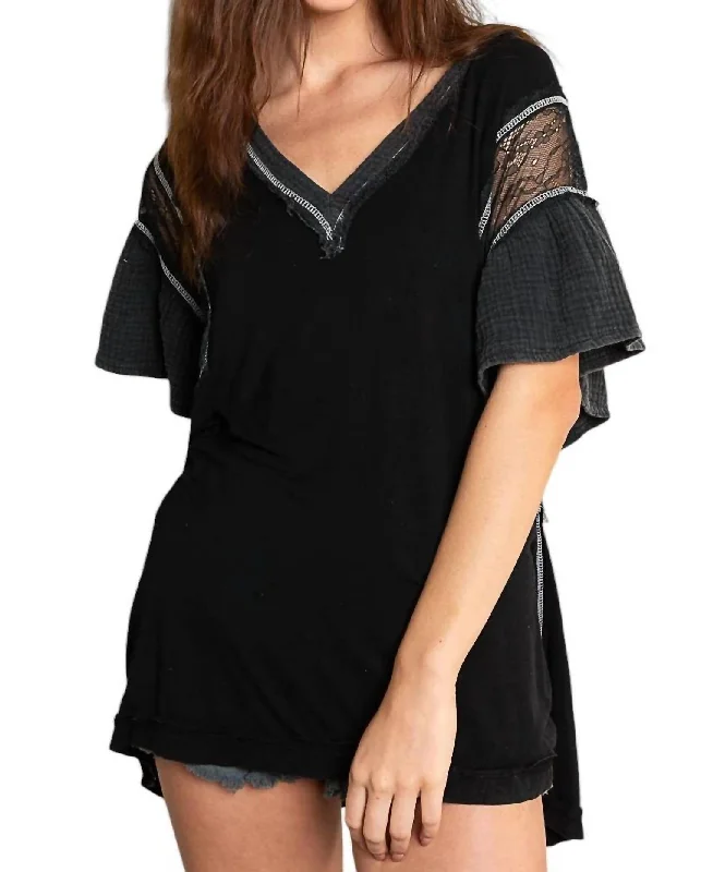 Lace Mix Oversized Tshirt In Black