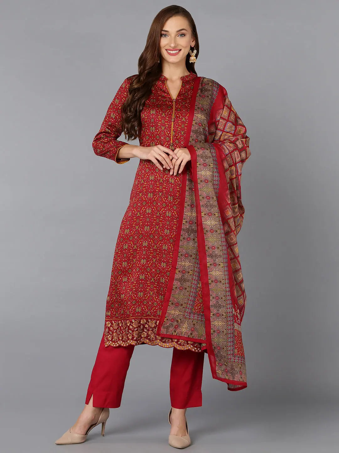 Red Cotton Straight Kurta Pant With Dupatta-VKSKD1798_XS