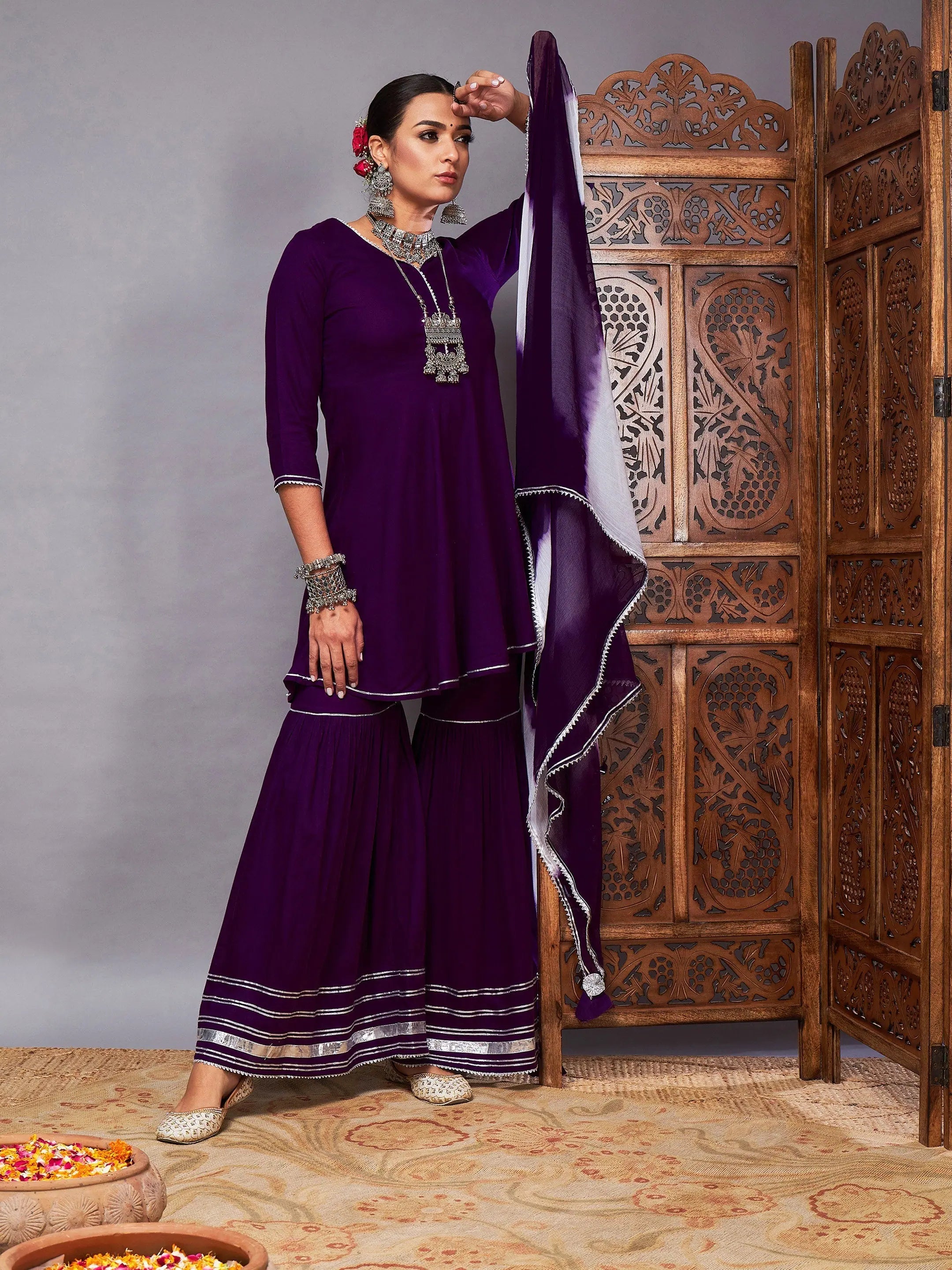 Women Purple Short Kurta With Sharara & Lehariya Dupatta