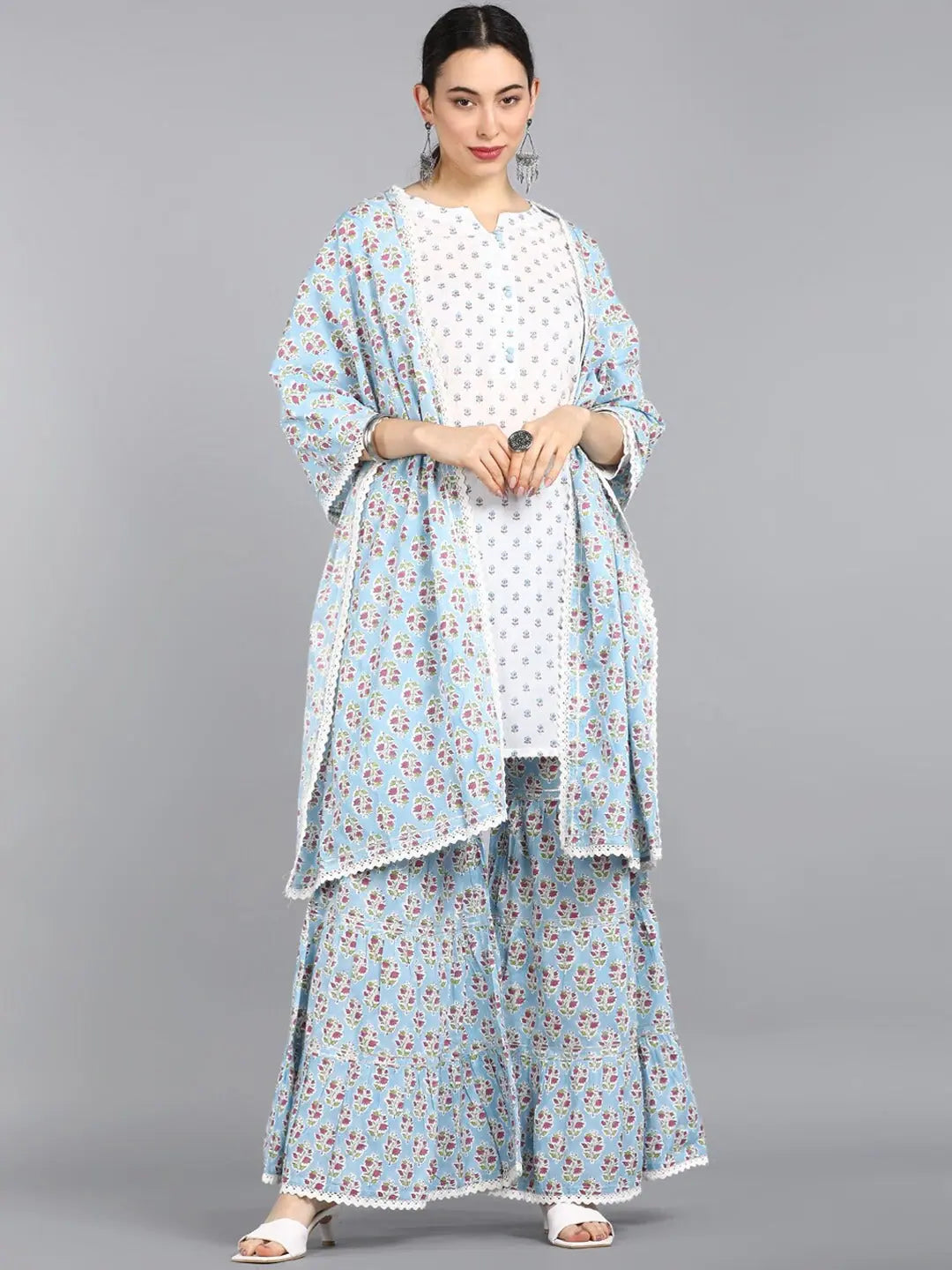 AHIKA White Blue Ethnic Motifs Printed Pure