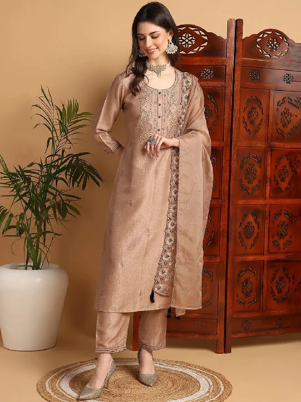 Ahika Women Beige Silk Blend Floral Embroidered Straight Kurta Trouser With Dupatta