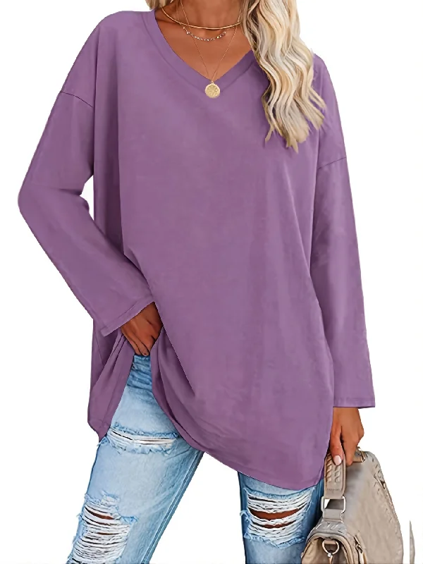 Solid Color Oversized V-Neck Long Sleeve Casual Loose Shirts