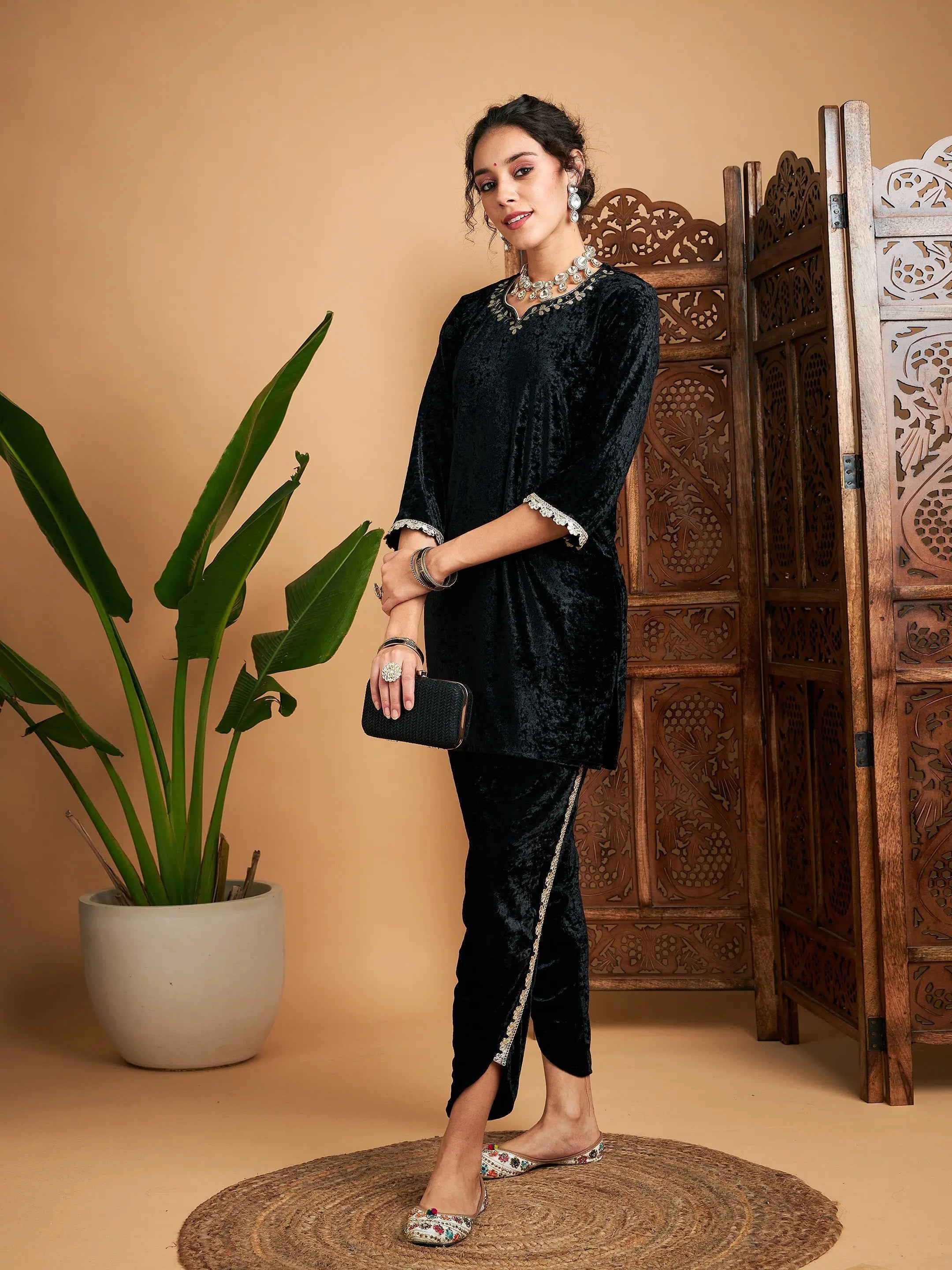 Women Black Velvet Gota Patti Embroidered Short Kurta With Dhoti Pants