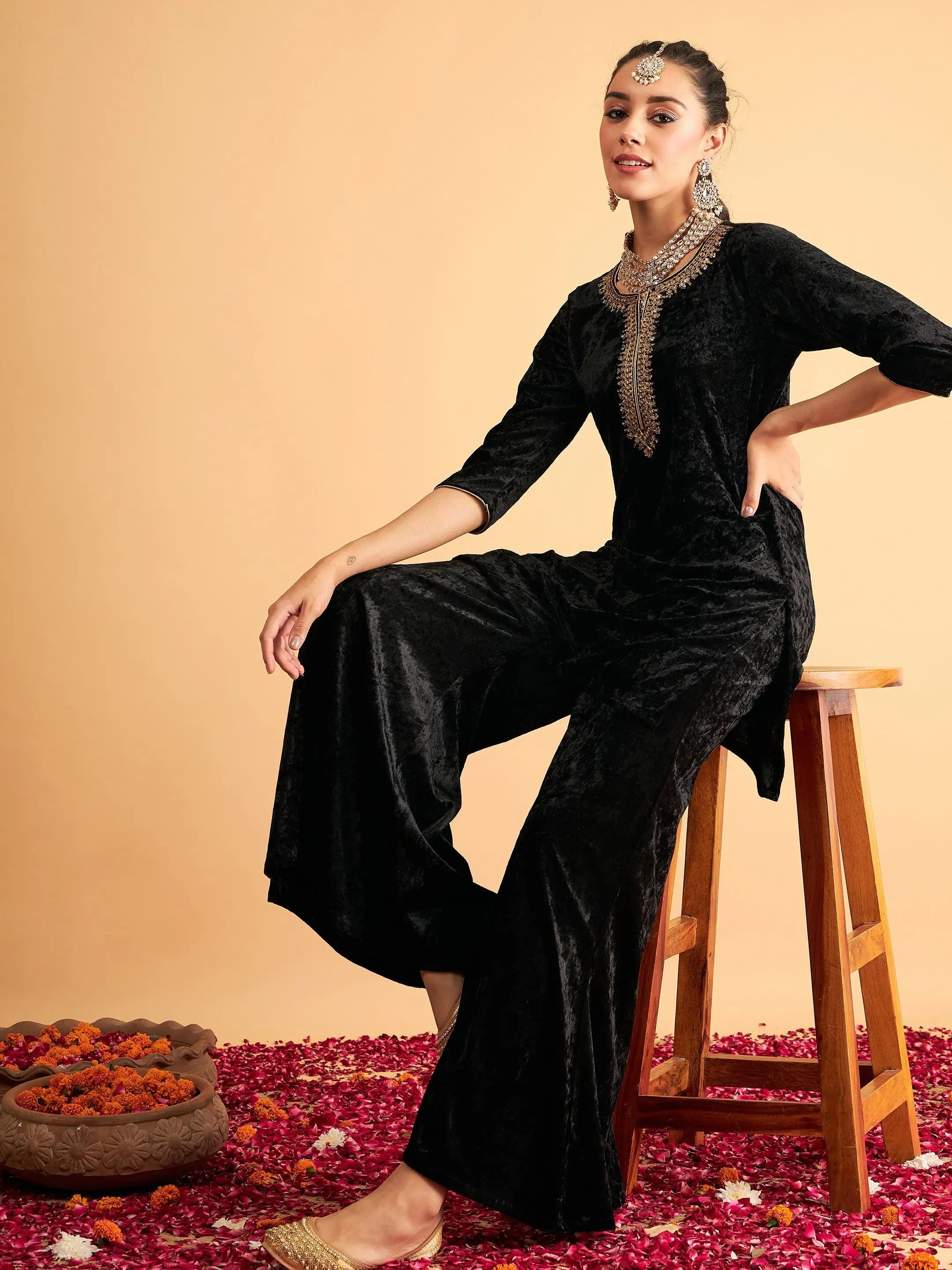 Women Black Velvet Embroidered Short Kurta With Palazzos-SHSET95611XS