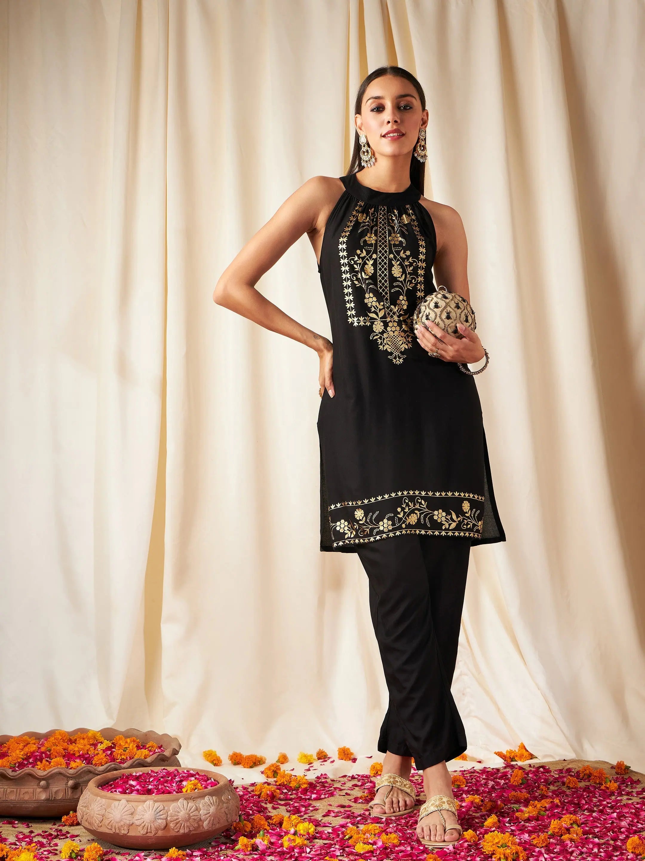 Women Black Foil Print Halter Neck Kurta With Pants