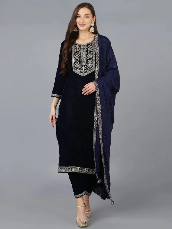 Ahika Women Velvet Embroidered Solid Kurta Trouser-PKSKD1735_XS