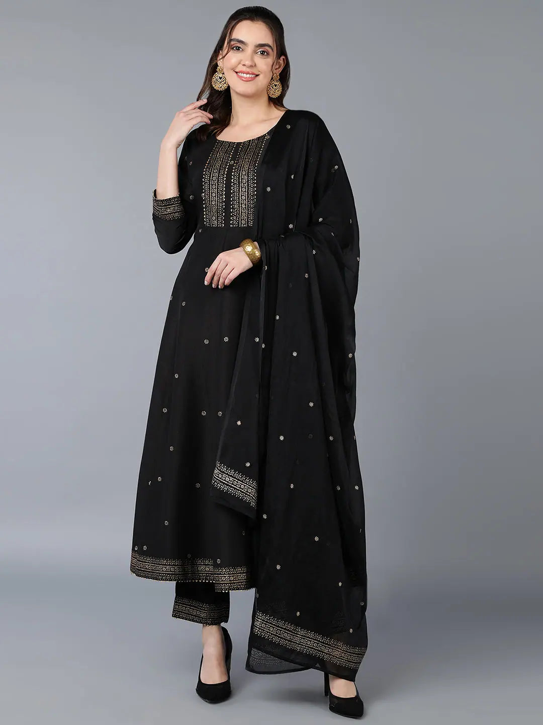 Silk Blend Black Rogan Work Flared Kurta