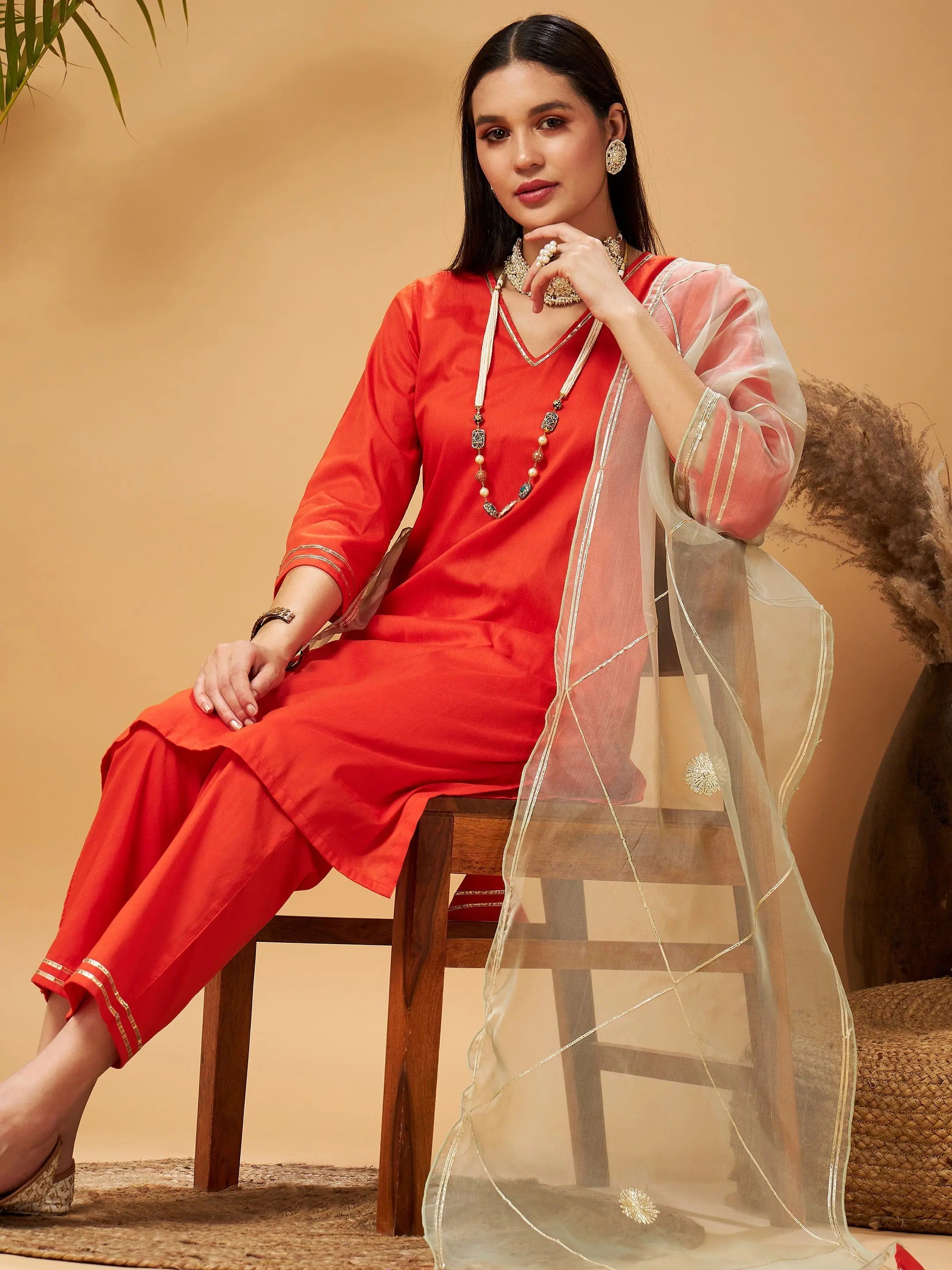 Women Orange Kurta Set With Olive Organza Dupatta