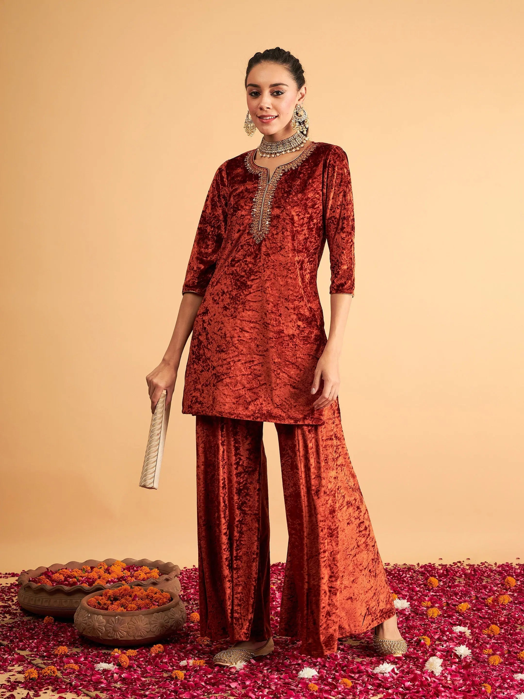 Women Rust Velvet Embroidered Short Kurta With Palazzos