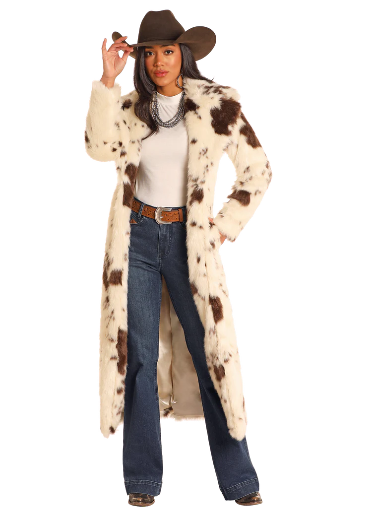 Panhandle Cow Print Long Fur Coat