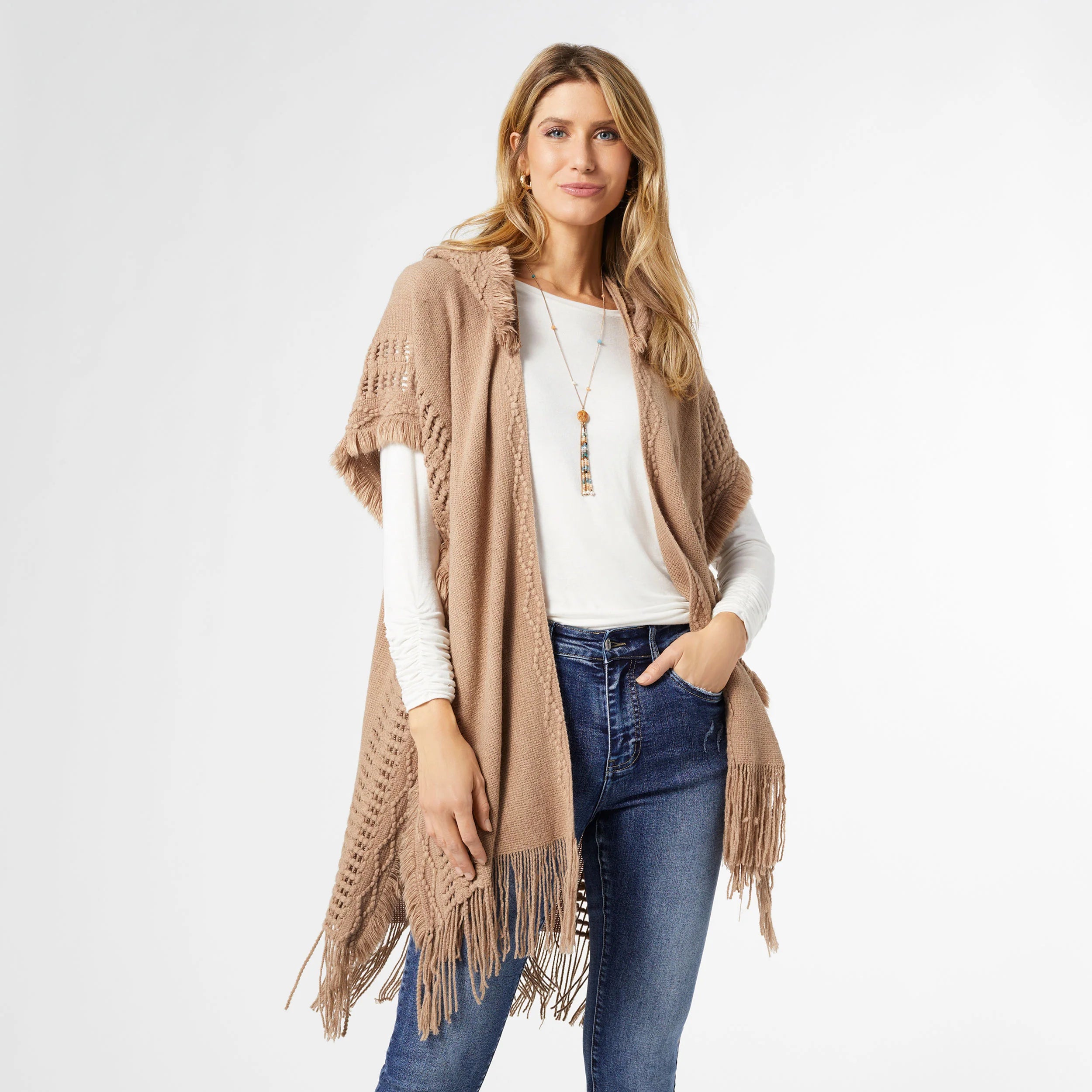 Eloise Frayed Hooded Ruana