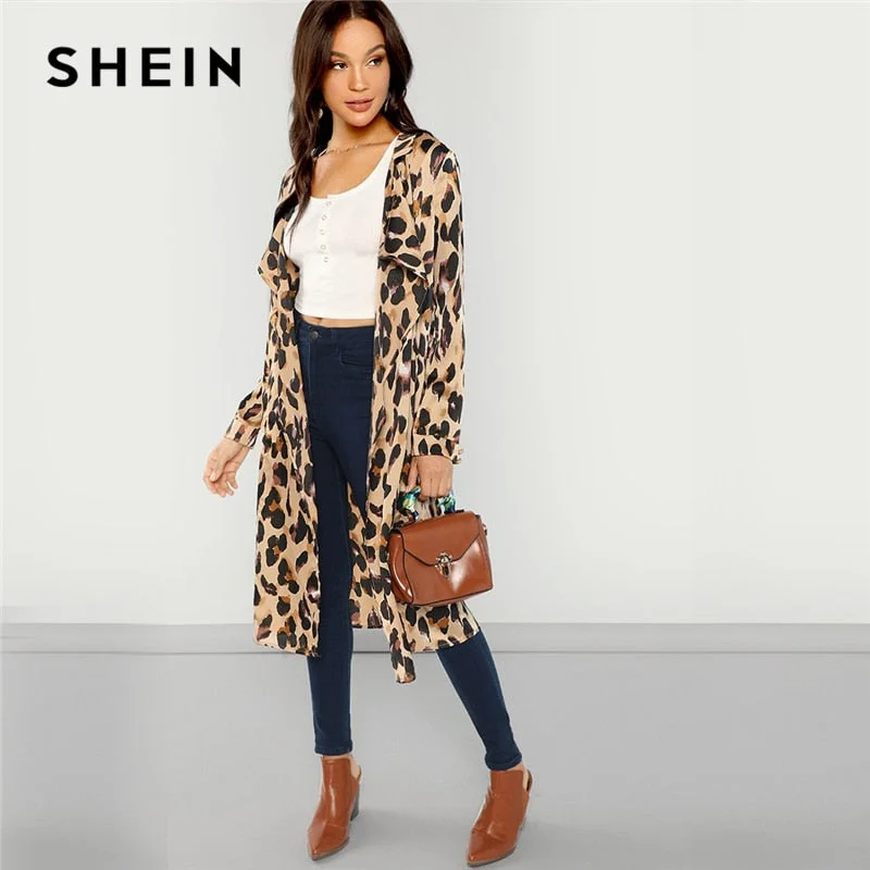 SHEIN Apricot Workwear Elegant Open Front Shawl Collar Leopard Print Fashion Coat 2018 Autumn Highstreet Women Coats Outerwear