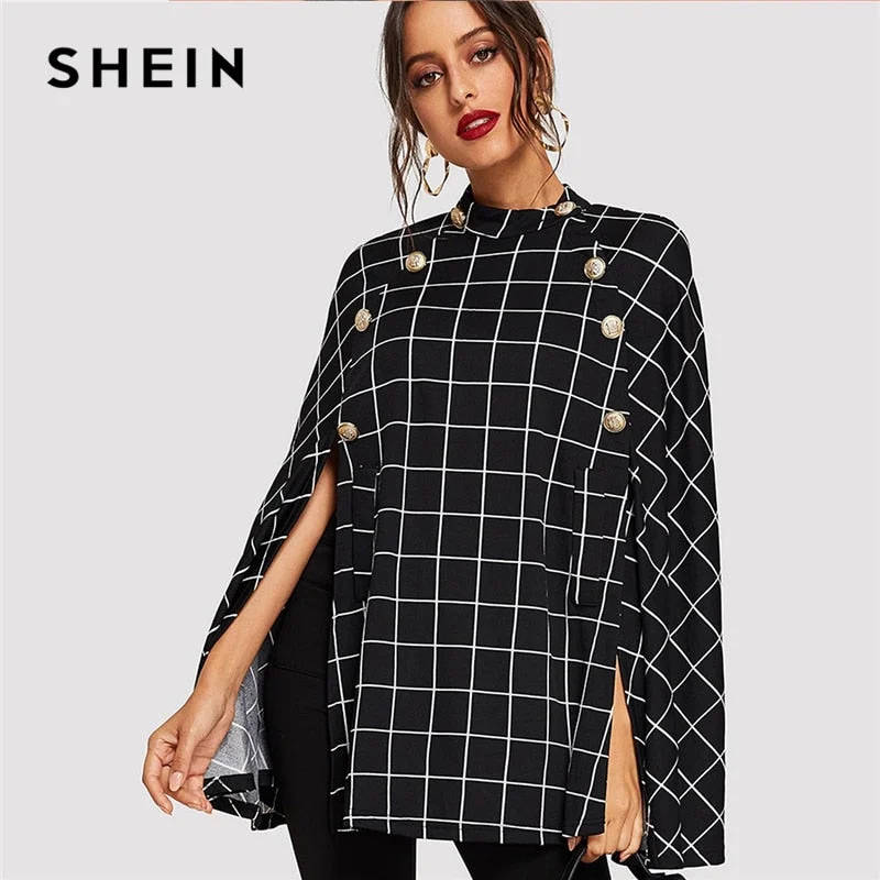 SHEIN Black Highstreet Office Lady Double Button Mock Poncho Solid Elegant Coat 2018 Autumn Women Workwear Outerwear Clothes