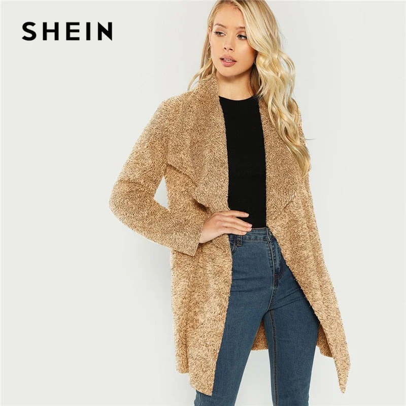 SHEIN Brown Casual Office Lady Solid Waterfall Collar Thermal Teddy Coat Autumn Fashion Workwear Women Coats Outerwear