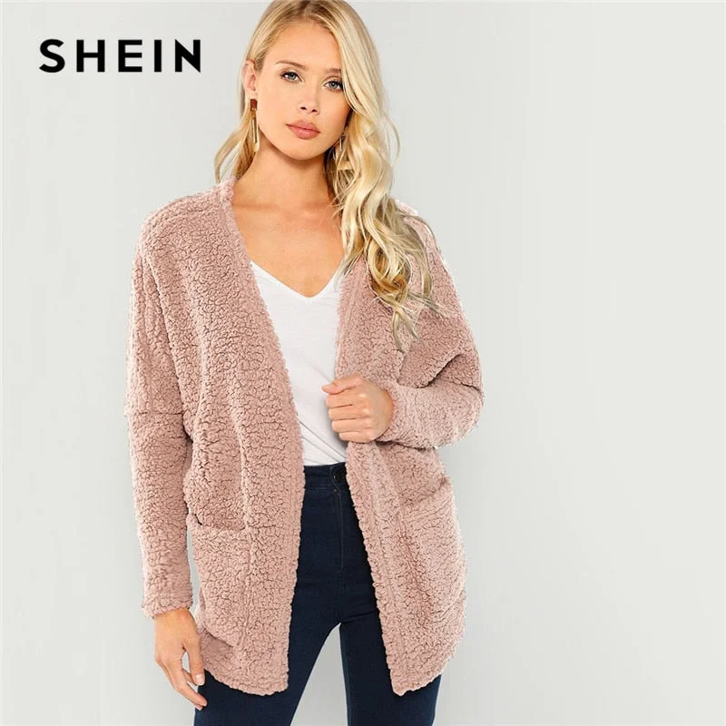 SHEIN Pink Patch Pocket Open-Front Teddy Coat Plain Long Sleeve Outerwear 2018 Modern Lady Winter Faux Fur Coat Women Coats