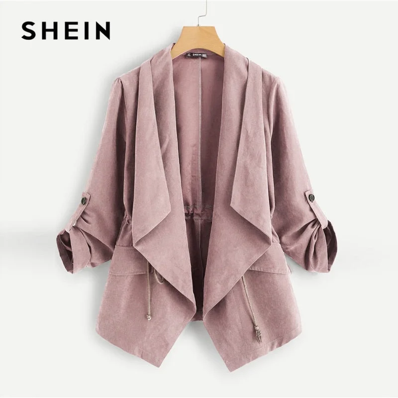 SHEIN Pink Pocket Front Drawstring Pleated Buttoned Sleeve Open Stitch Solid Trench Coat Casual Spring Women Coats Outerwear