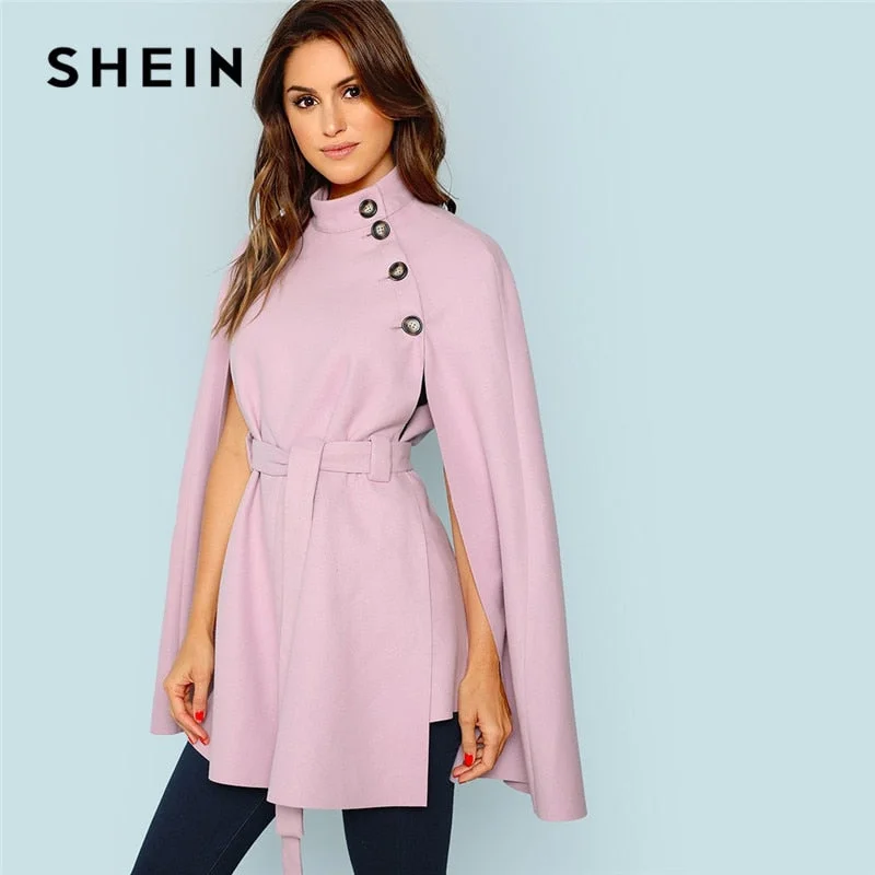 SHEIN Vintage Workwear Office Lady 2018 Women Outwear Streetwear Purple Button Front Self Belted Knot Cloak Sleeve Cape Coat