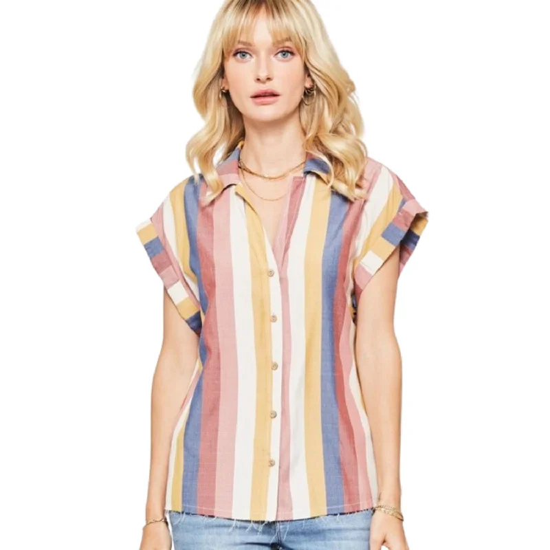 A Woven Shirt In Multicolor Striped With Collared Neckline