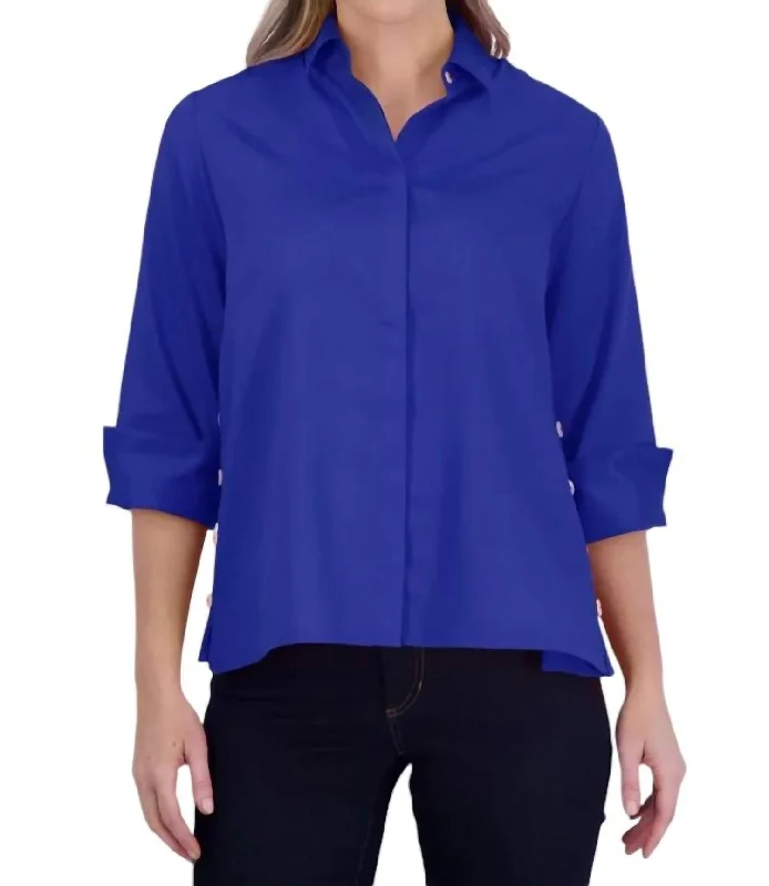 Beatrice No Iron Solid Sateen Shirt In Sapphire