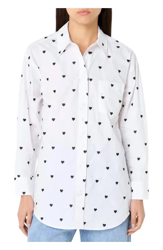 Classic Button Up Shirt In White With Black Hearts