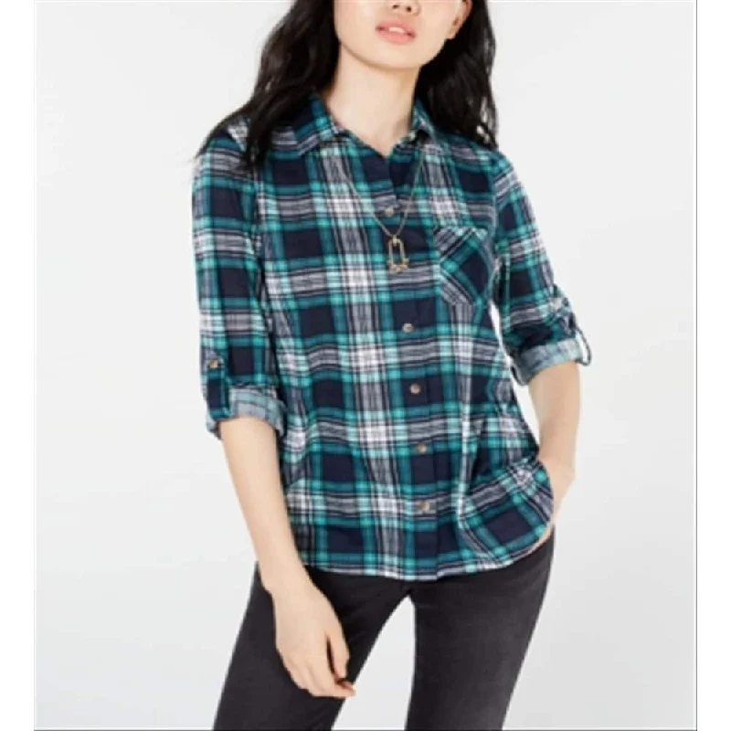 Polly & Esther Juniors' Plaid Roll-Tab Shirt Green Size Xs