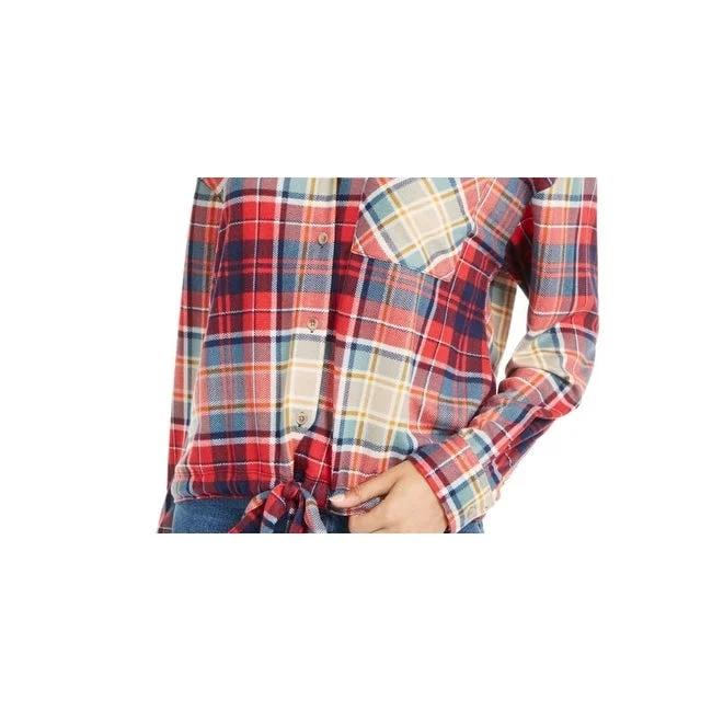 Polly & Esther Juniors' Soft Drawstring-Hem Plaid Shirt Red Paid Size X-Small