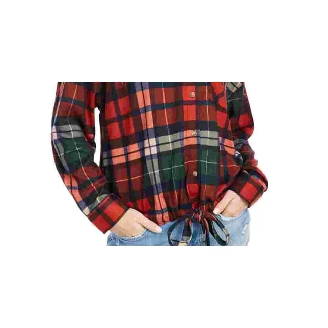 Polly & Esther Juniors' Soft Drawstring-Hem Plaid Shirt Red Size X-Large