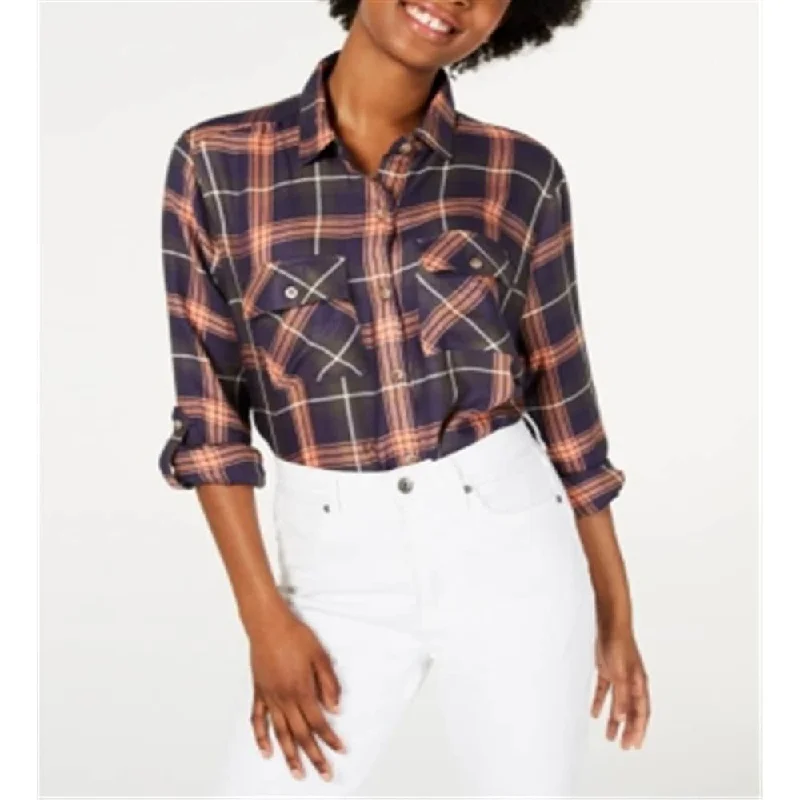 Polly & Esther Women's Plaid Utility Shirt Orange Size XL